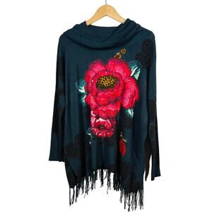 Desigual Floral Rose Knit Top Fringe Cowl Neck Black Pink Long Batwing Sleeve M